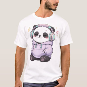 Cute Panda Koptelefoon Heren T-Shirt Kawaii Muzi