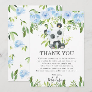 Cute Panda Light Blue Floral Greenery Baby shower Bedankkaart