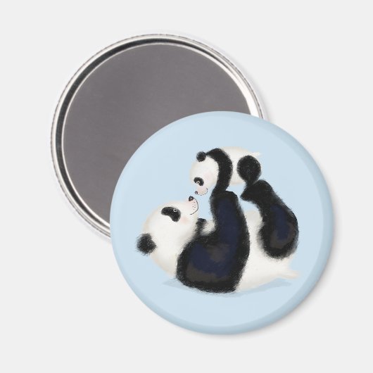 Cute panda mère et petit aimant rond (bleu) (Recto/Verso)