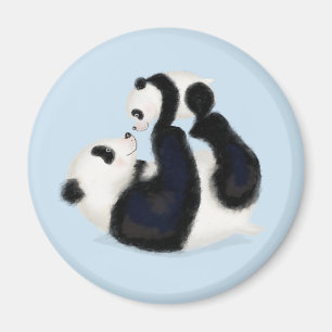 Cute panda mère et petit aimant rond (bleu)