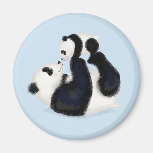 Cute panda mère et petit aimant rond (bleu) (Devant)