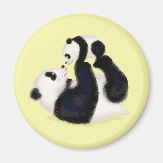 Cute panda mère et petit aimant rond (jaune) (Devant)