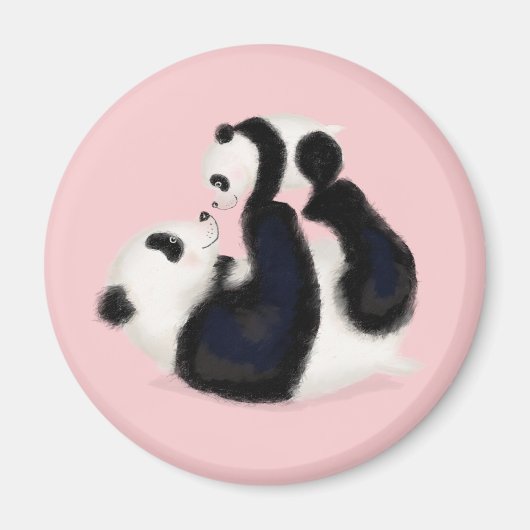 Cute panda mère et petit aimant rond (rose) (Devant)