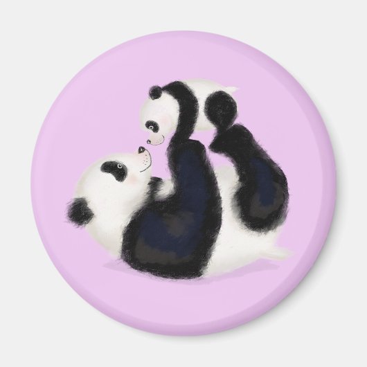 Cute panda mère et petit aimant rond (violet) (Devant)
