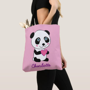 Cute Panda met een Roze Gepersonaliseerde Naam van Draagtas