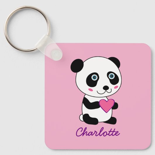 Cute Panda met een Roze Gepersonaliseerde Naam van Sleutelhanger (Voorkant)