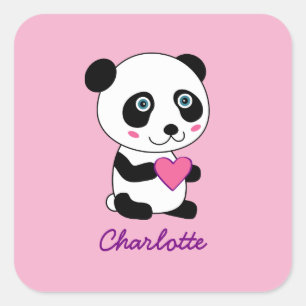 Cute Panda met een Roze Gepersonaliseerde Naam van Vierkante Sticker
