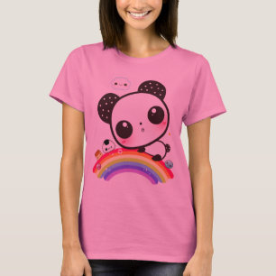 Cute panda met kawaï eten op regenboog t-shirt