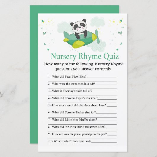 Cute panda Nursery Rhyme Quiz baby shower game (Voorkant / Achterkant)