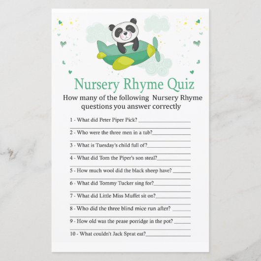 Cute panda Nursery Rhyme Quiz baby shower game (Voorkant)