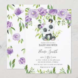 Cute Panda Paars Floral Greenery Baby shower Girl Kaart