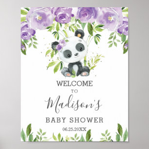 Cute Panda Paars Floral Greenery Bamboo Welkom Poster