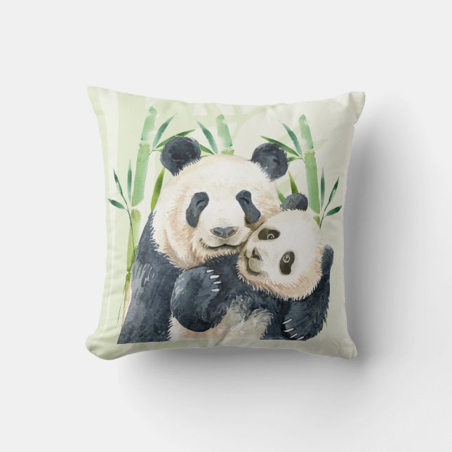 Cute Panda Pair & Bamboo Waterverf Kussen (Voorkant)