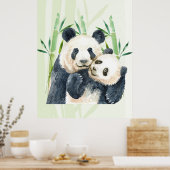 Cute Panda Pair & Bamboo Waterverf Poster (Keuken)