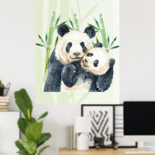 Cute Panda Pair & Bamboo Waterverf Poster (Thuiskantoor)