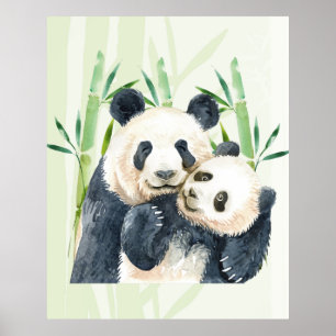 Cute Panda Pair & Bamboo Waterverf Poster