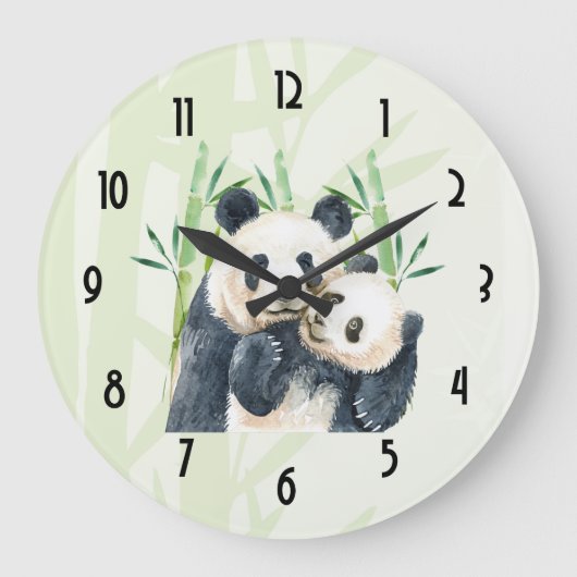 Cute Panda Pair in de Waterverf Bamboo Grote Klok (Voorkant)