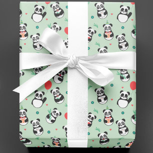 Cute Panda Pattern Birthday   Groen Cadeaupapier