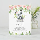 Cute Panda Pink Floral Greenery Baby shower Girl Kaart (Staand voorkant)
