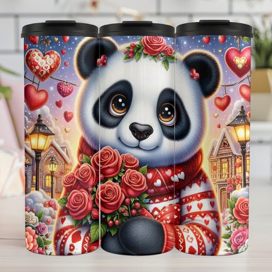 Cute Panda Winter Rose Bouquet Wrap Thermosbeker