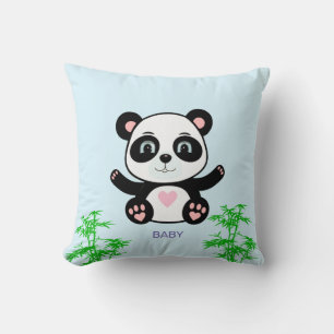 Cute Pandabeer & Bamboe op Lichtblauw Kussen