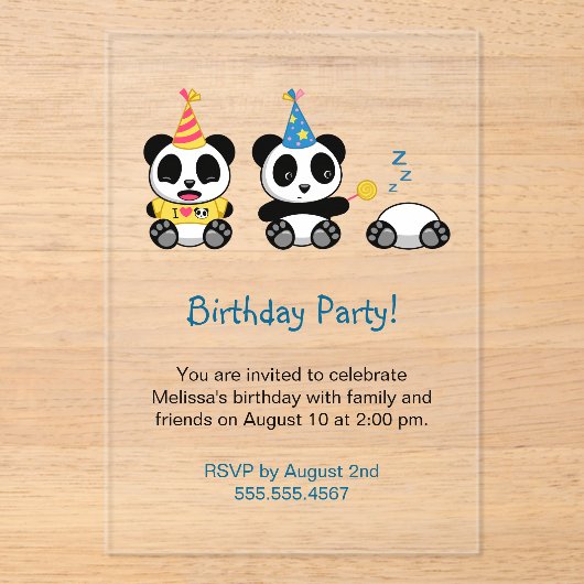 Cute Pandas Birthday Party Acryl Uitnodigingen (Voorkant)