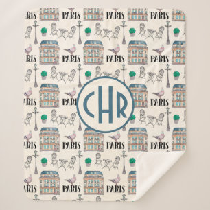 Cute Paris Street Scene   Monogram Waterverf Sherpa Deken