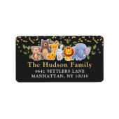 Cute Party Animals Greenery Black Address Label (Voorkant)