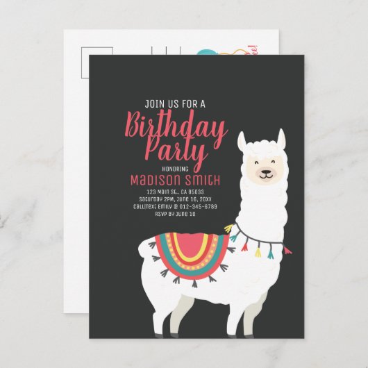 Cute Party Llama en Ballon Verjaardagsuitnodiging Uitnodiging Briefkaart (Voorkant / Achterkant)