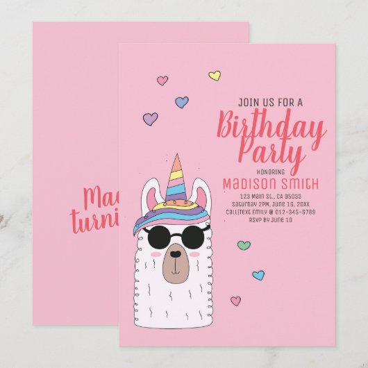 Cute Party Llamacorn Invitation Anniversaire (Devant / Derrière)