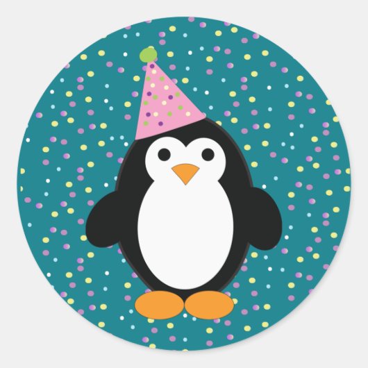 Cute Party Penguin Ronde Sticker (Voorkant)