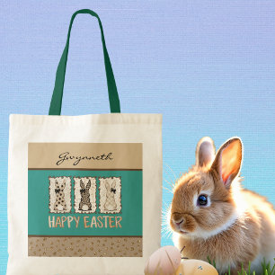 Cute Pasen Konijn en Dierprint Bruine Strikken Tea Tote Bag