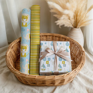 Cute Pastel Baby Boy Blue Elephant Stork Giraffe Inpakpapier Vel