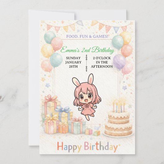 Cute Pastel Bunny Birthday Invitation Kaart (Voorkant)