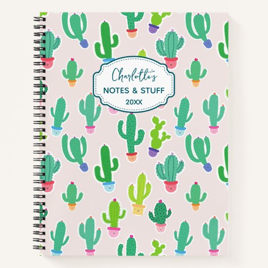 Cute Pastel Cactus Monogram Script Name Notitieboek (Voorkant)