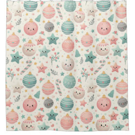 Cute Pastel Christmas Pattern Ornaments and Stars Douchegordijn