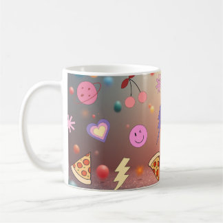 Cute Pastel Doodle Pattern Pizza Cherry Smiley Koffiemok