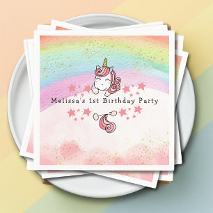 Cute Pastel Eenhoorn & Regenboog Eerste Verjaardag Servet