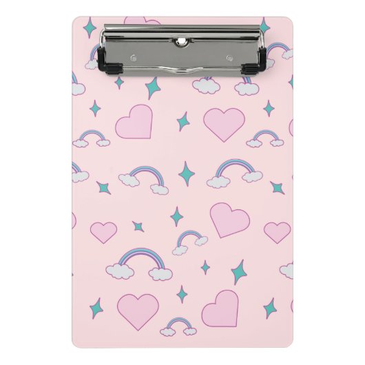 Cute Pastel Hearts & Rainbow Pattern | Kawaii Pink Mini Klembord (Voorkant)