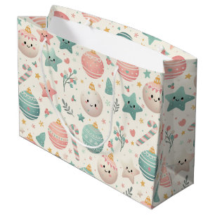 Cute Pastel Kerst Patroon Ornamenten en Sterren Groot Cadeauzakje
