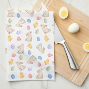 Cute Pastel Konijn Pasen Eieren en Kuikens Theedoek