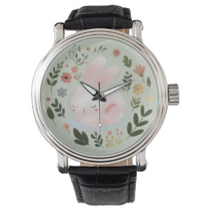 Cute Pastel Lente Konijn Bloemenkrans Kinderkamer  Horloge