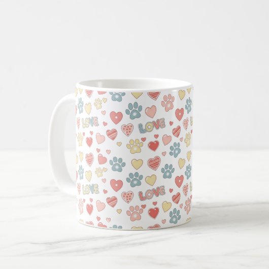 Cute Pastel Paw Prints and Hearts "LOVE" Pattern  Koffiemok (Voorkant links)