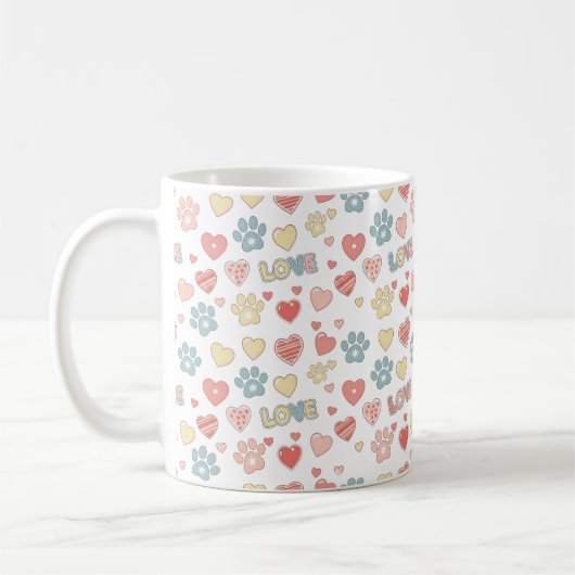 Cute Pastel Paw Prints and Hearts "LOVE" Pattern  Koffiemok (Links)