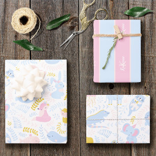 Cute Pastel Pink Animal Monogram Girl Baby shower Inpakpapier Vel