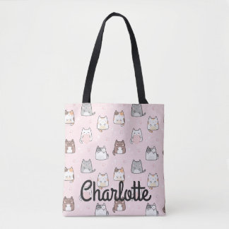 Cute Pastel Pink Kawaii Cats Sparkle Jouw naam Draagtas