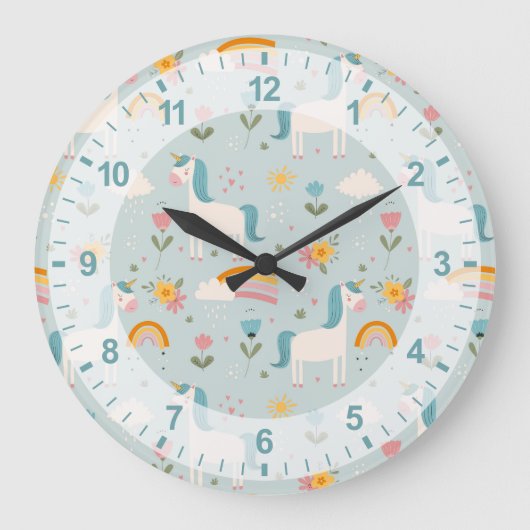 Cute pastel Rainbow Unicorn Pattern Grote Klok (Voorkant)