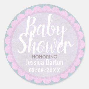 Cute Pastel Roze en Grijze Aangepaste Baby shower Ronde Sticker