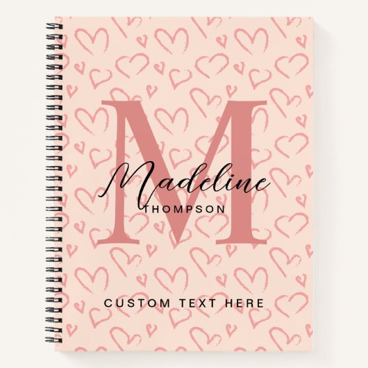 Cute Pastel Roze Hart Patroon Script Monogram Notitieboek (Voorkant)