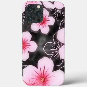 Cute Pastel Roze Hibiscus Floral Pattern on Black iPhone 13 Pro Max Hoesje